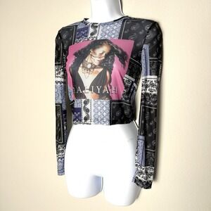 Aaliyah Sheer Mesh Long Sleeve Top Womens Medium Cropped Y2K Retro Pop Music